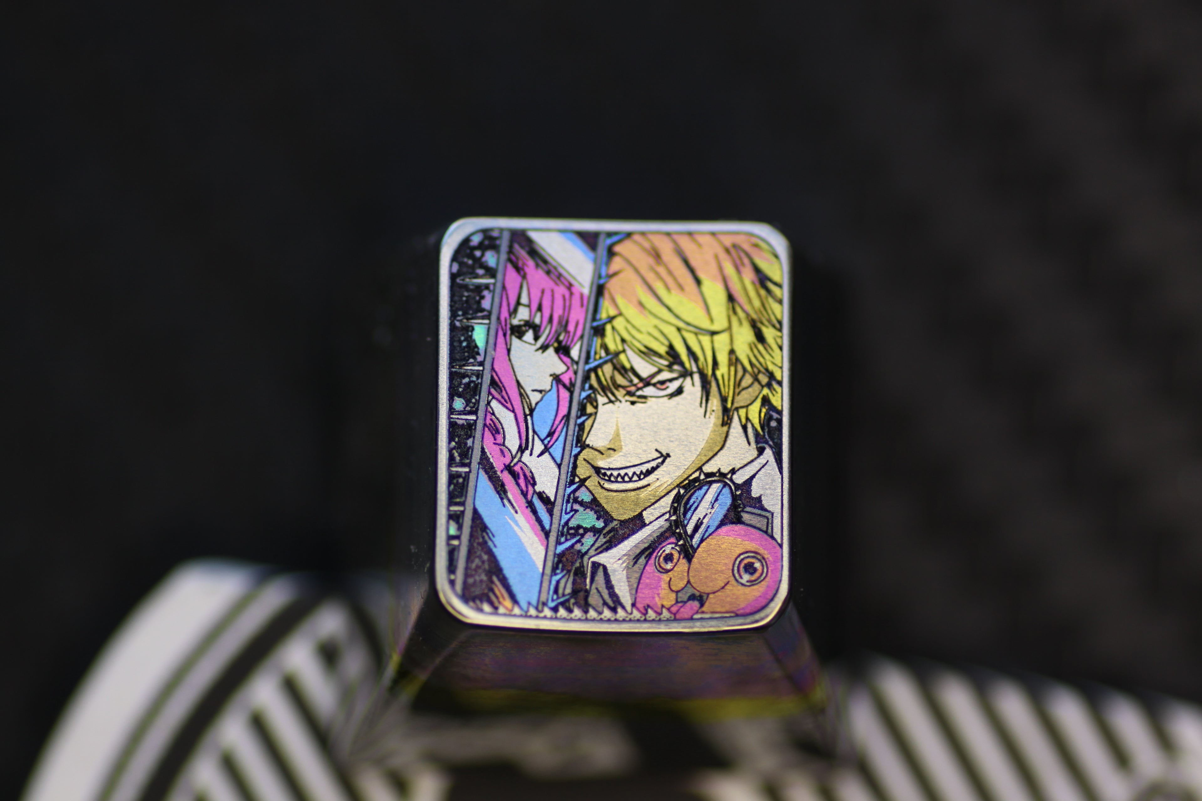 Chainsaw Man, Protagonist group 1U titanium alloy carved personalized keycaps, metal decorative keycaps, anime art keycaps