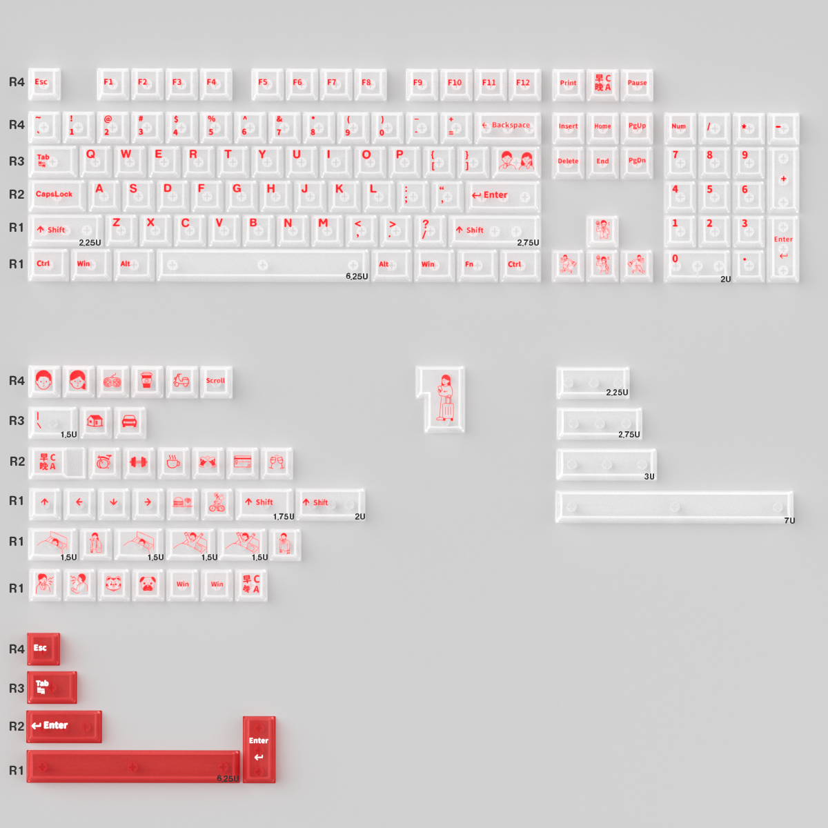 Working early and returning late series, transparent PC material UV transfer printing factory high color transparent keycap set