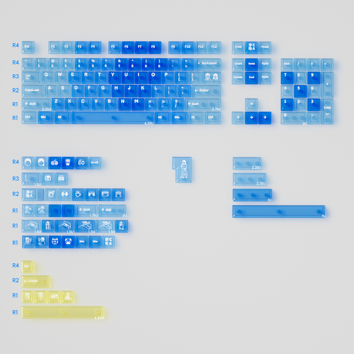 Working early and returning late series, transparent PC material UV transfer printing factory high color transparent keycap set