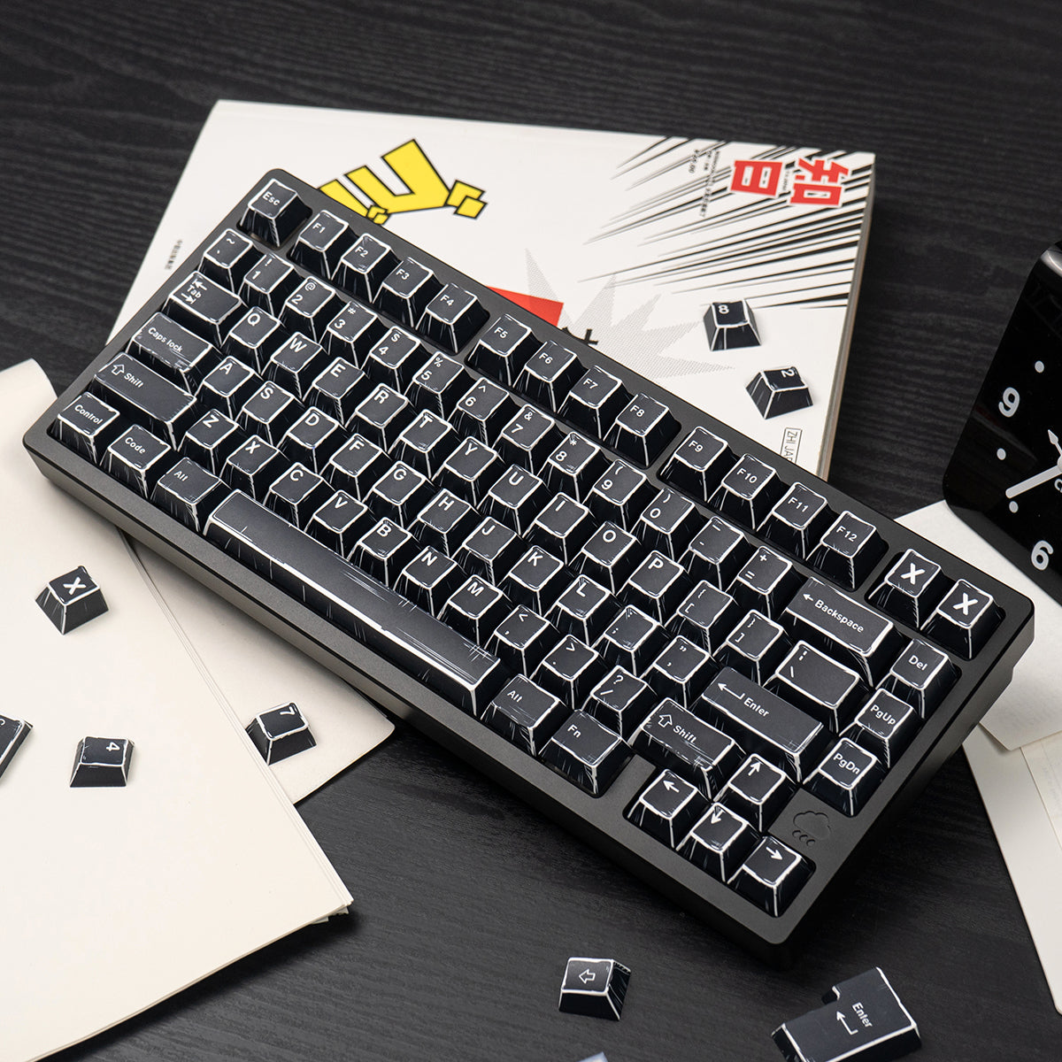 Black comic style, PBT heat sublimation original factory highly compatible personalized keycap set.