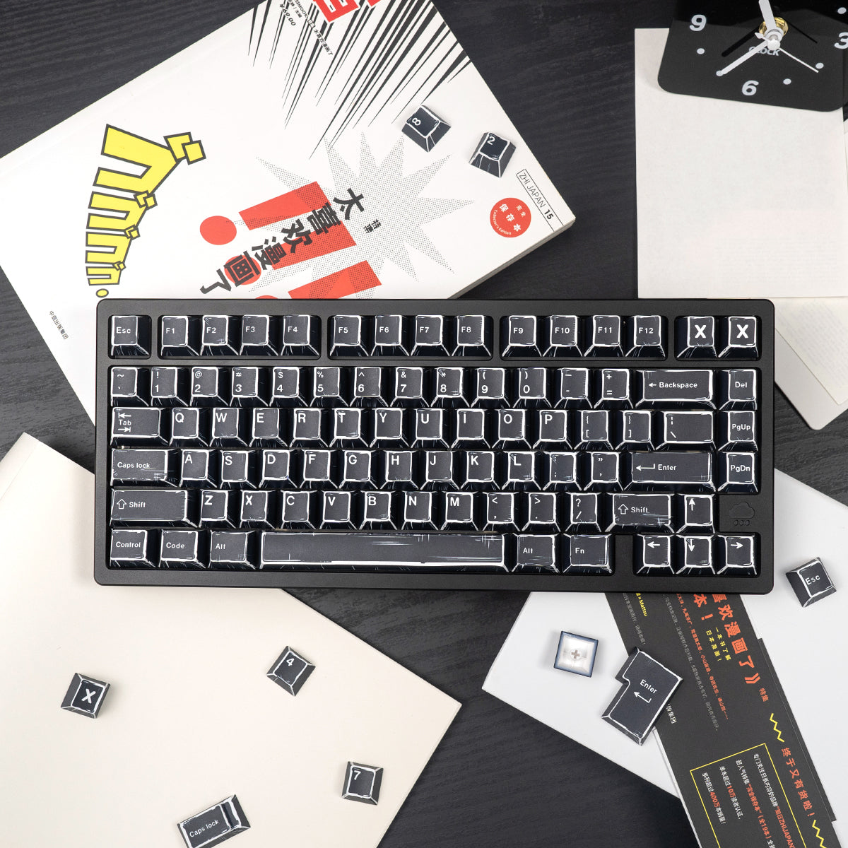 Black comic style, PBT heat sublimation original factory highly compatible personalized keycap set.
