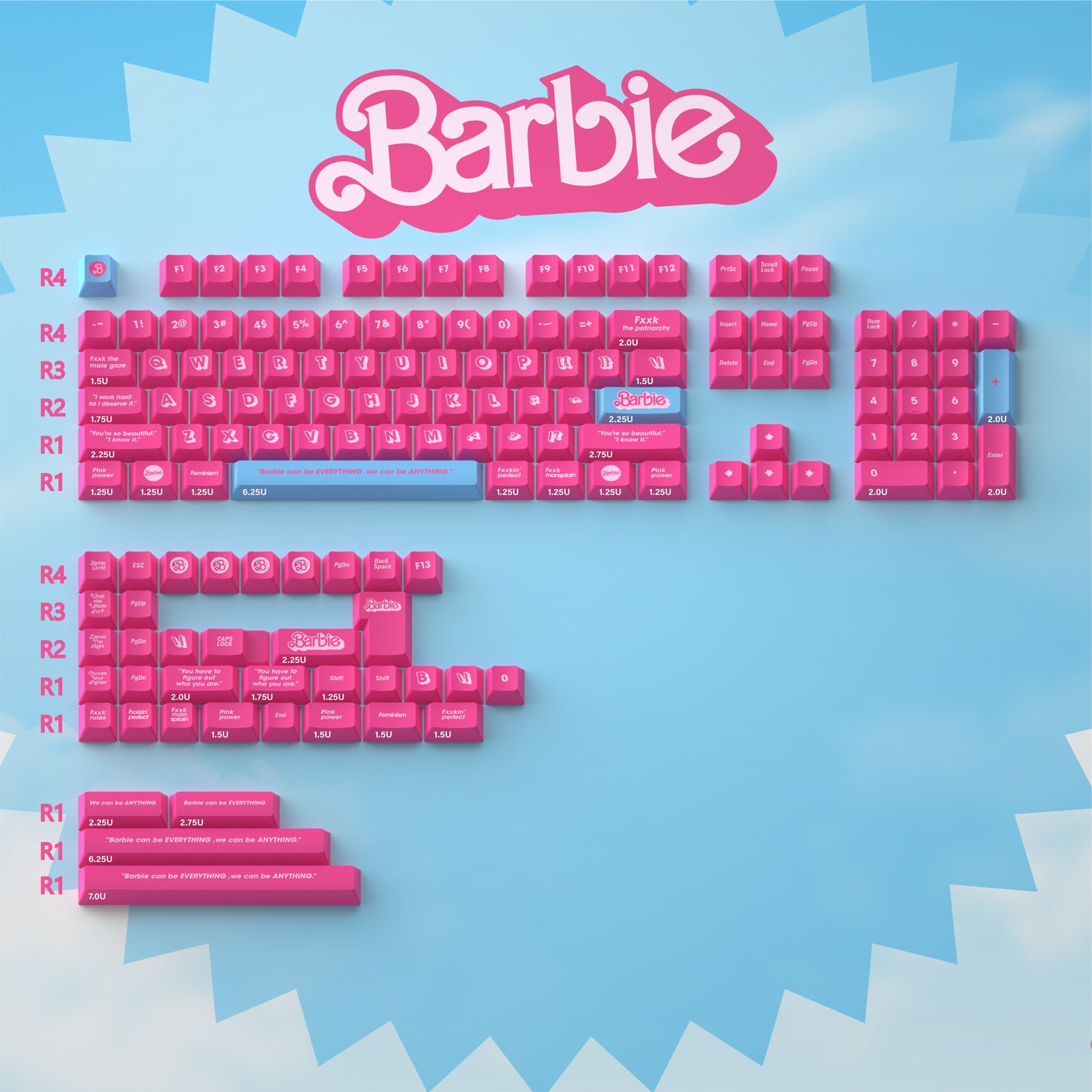 Barbie color matching set keycaps factory height side engraved transparent keycaps PBT side transparent personalized keycaps