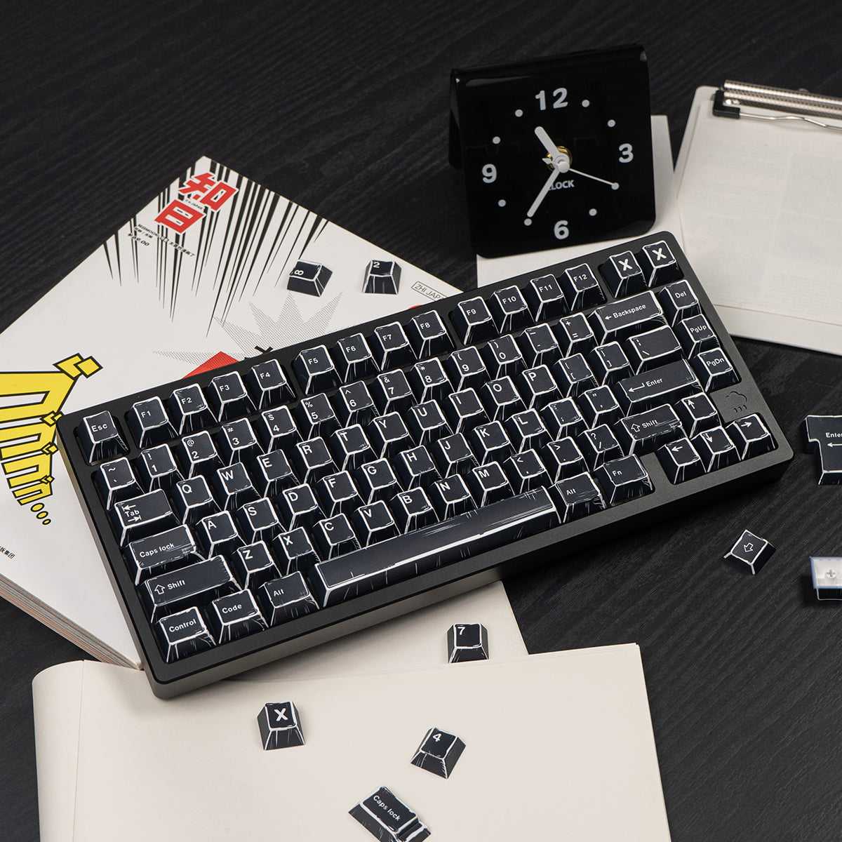Black comic style, PBT heat sublimation original factory highly compatible personalized keycap set.