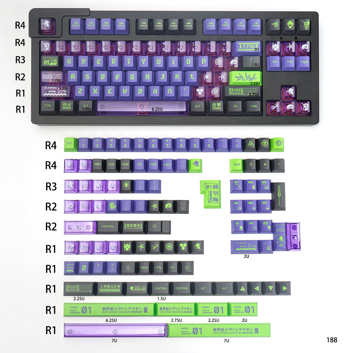 EVA mecha themed mechanical keyboard keycaps complete set PBT sublimation/PC transparent transfer printing factory height