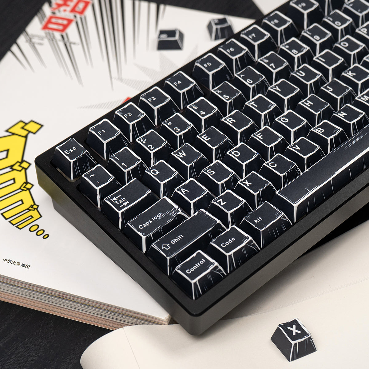 Black comic style, PBT heat sublimation original factory highly compatible personalized keycap set.