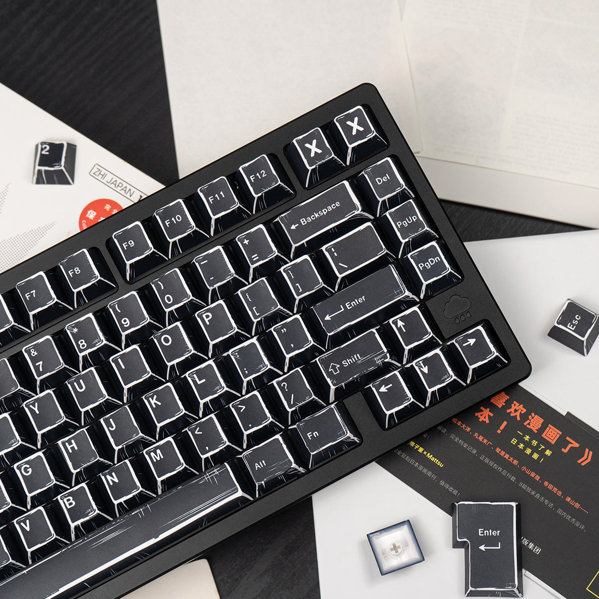 Black comic style, PBT heat sublimation original factory highly compatible personalized keycap set.