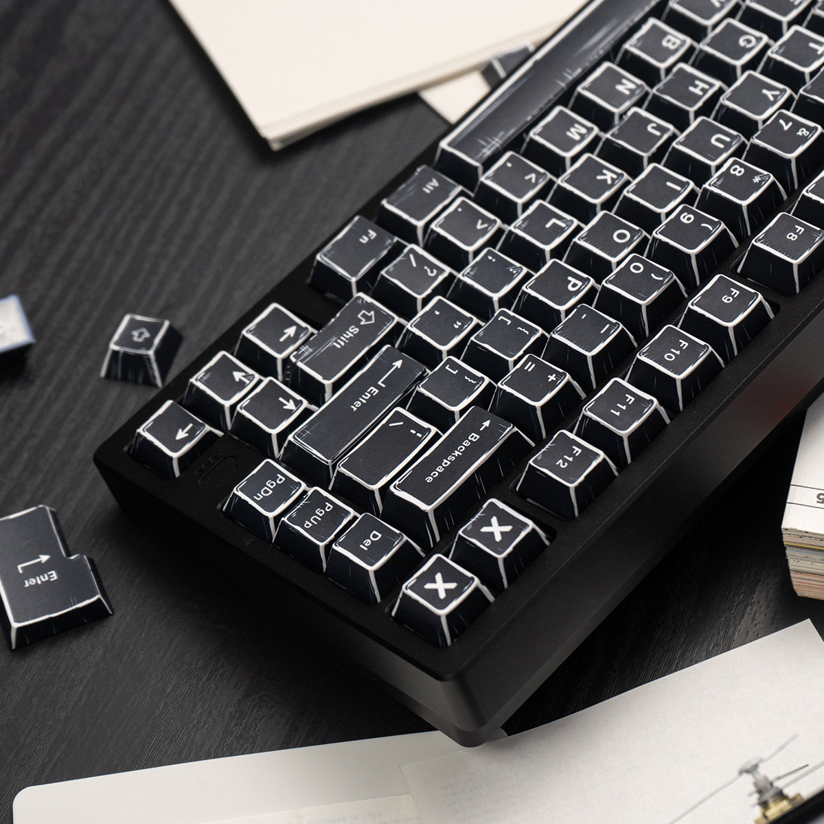 Black comic style, PBT heat sublimation original factory highly compatible personalized keycap set.