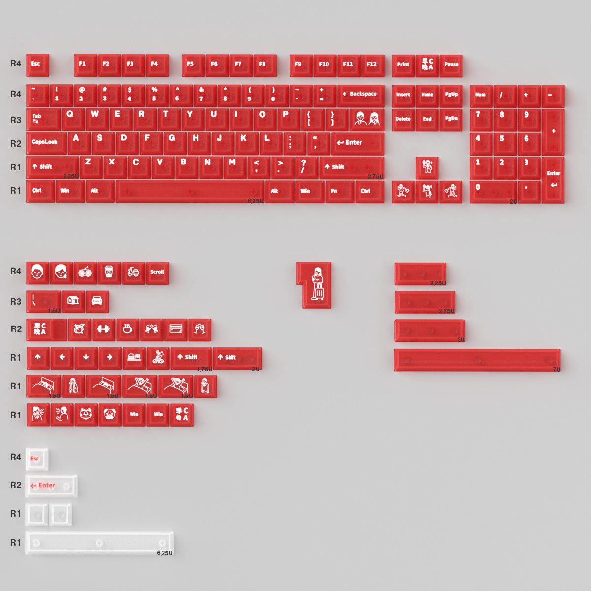 Working early and returning late series, transparent PC material UV transfer printing factory high color transparent keycap set