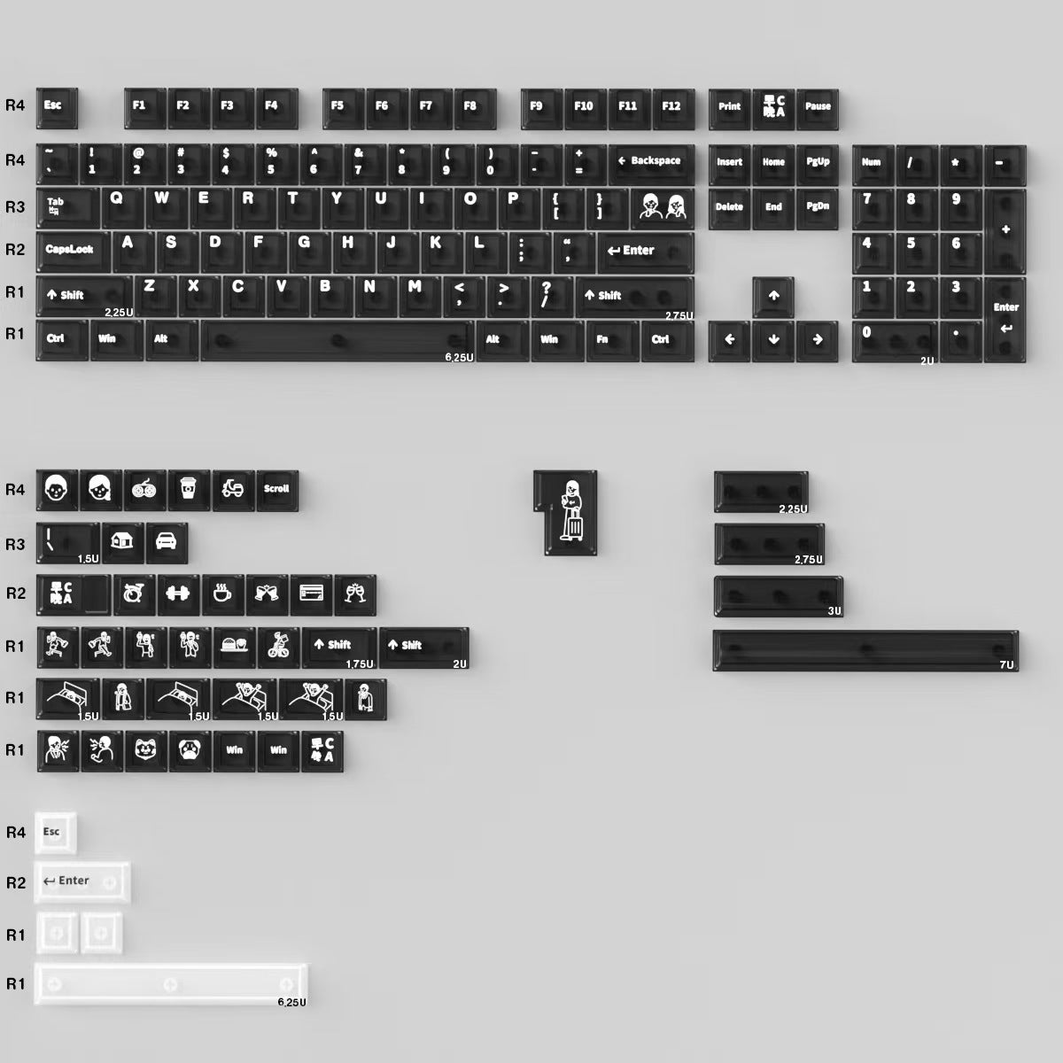 Working early and returning late series, transparent PC material UV transfer printing factory high color transparent keycap set