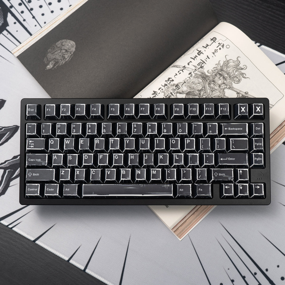 Black comic style, PBT heat sublimation original factory highly compatible personalized keycap set.