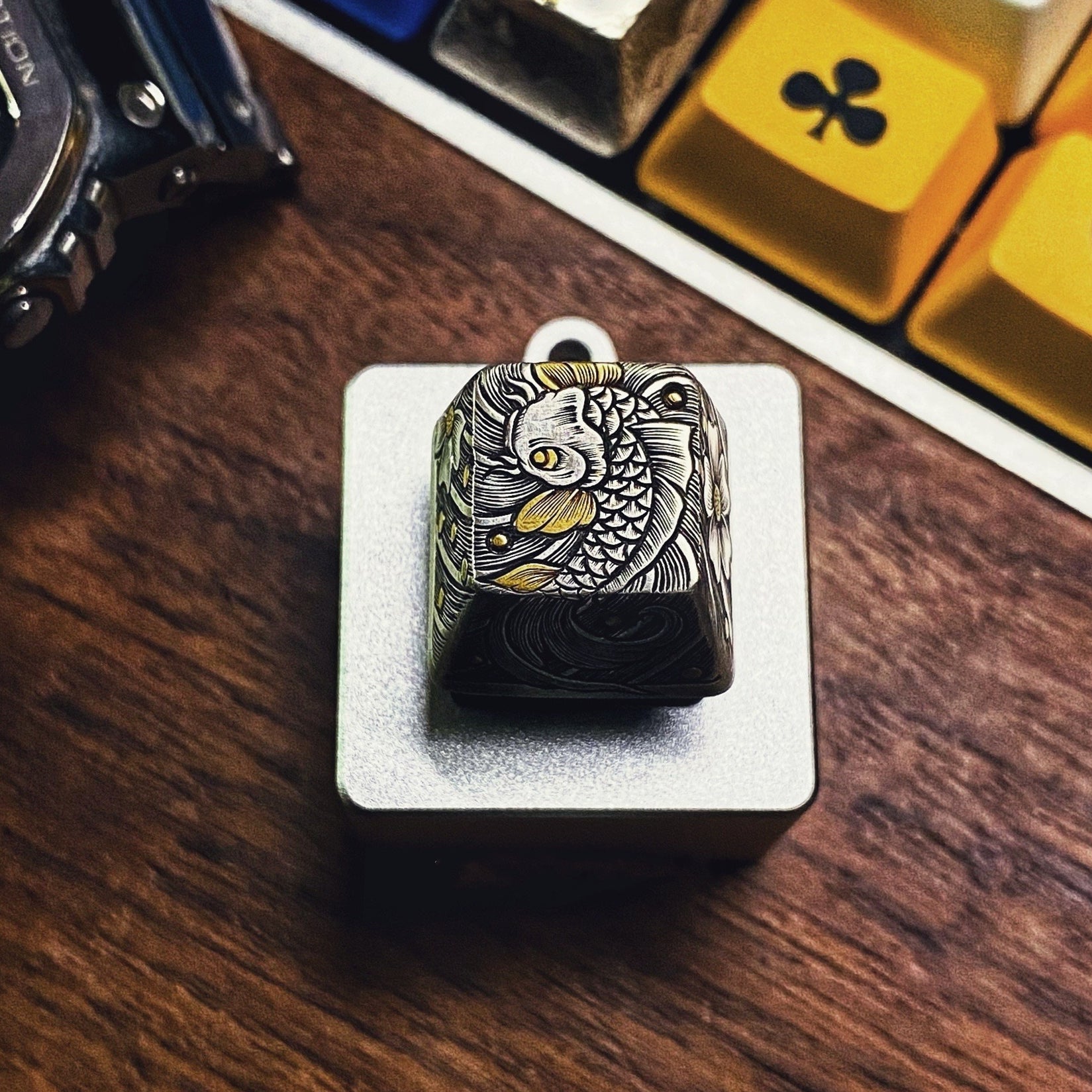 Blessing Carp, 925 Silver Base, Inlaid with Gold, Hand Carved on Five Sides Handmade Keycaps, Craftsman Keycaps.