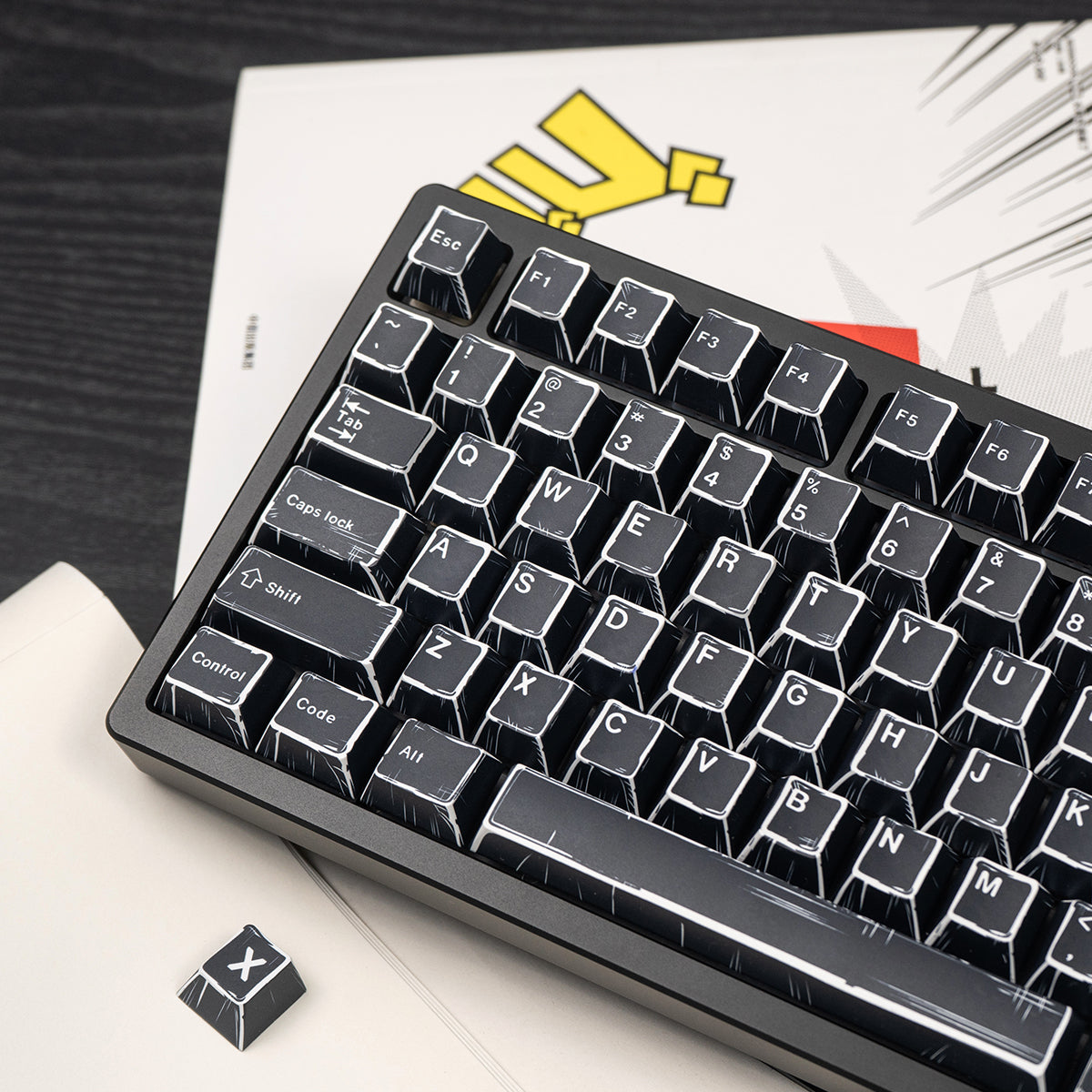 Black comic style, PBT heat sublimation original factory highly compatible personalized keycap set.