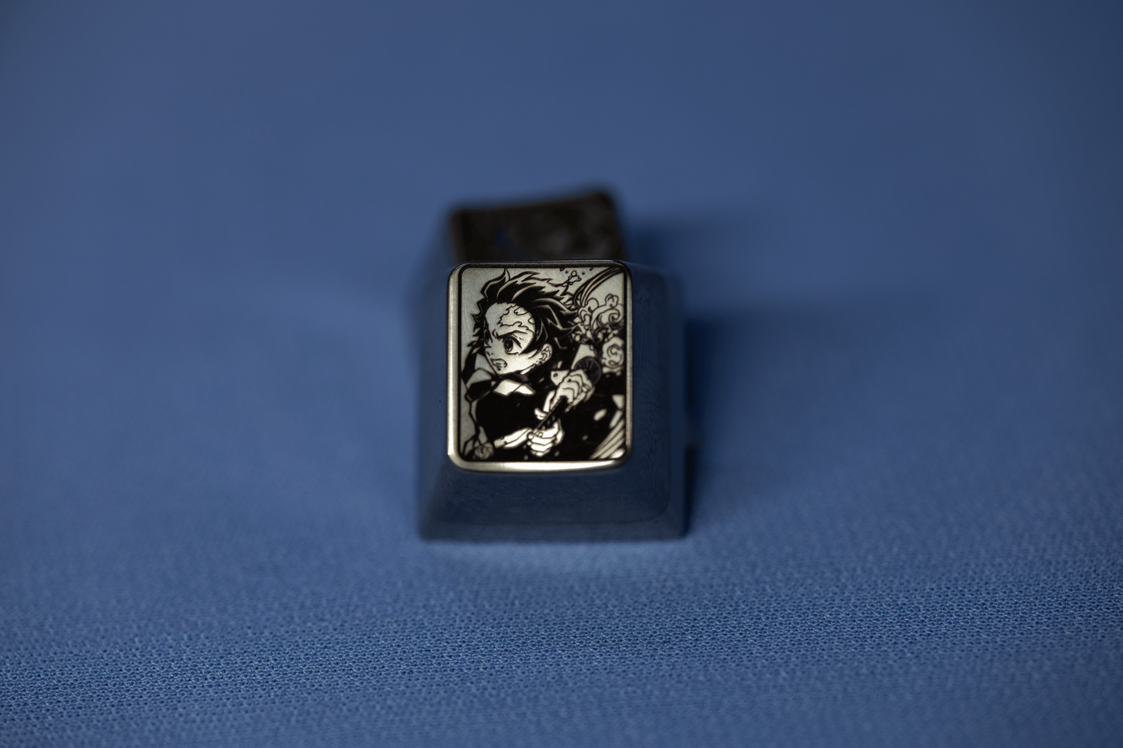 Demon Slayer, Kamado Tanjirou metal titanium alloy black and white carved personalized keycaps, keyboard decorative keycaps, anime character keycaps
