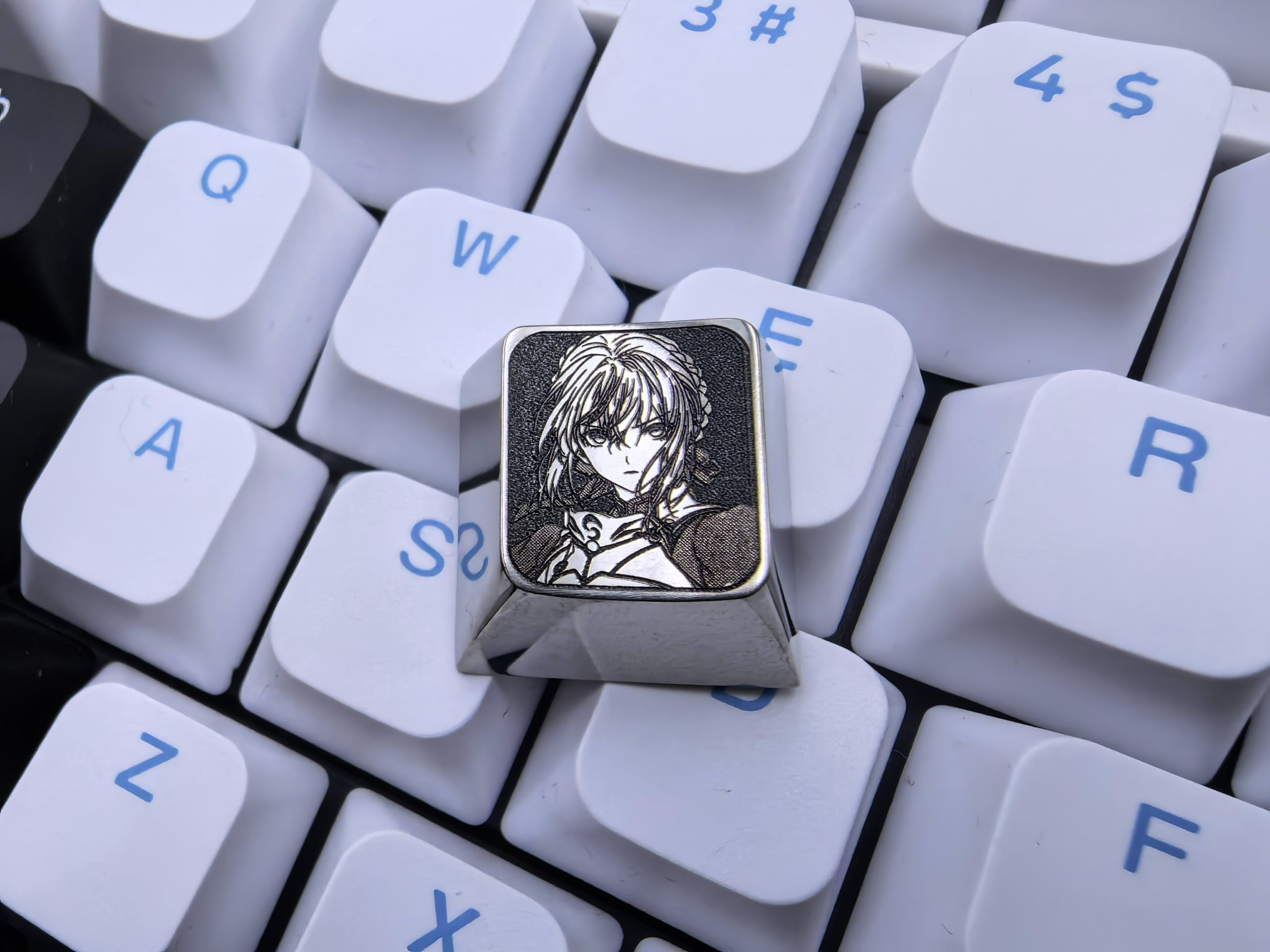 Fate Saber 1U Black and White Line Titanium Alloy Personalized Keycap, Metal Decorative Keycap Anime Art Keycap