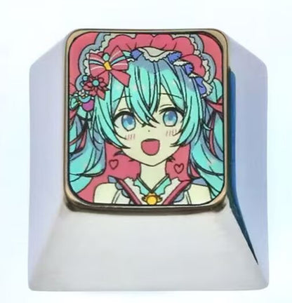 Cute Hatsune Miku, 1U titanium alloy metal personalized keycap, decorative keycap, cartoon character keycap