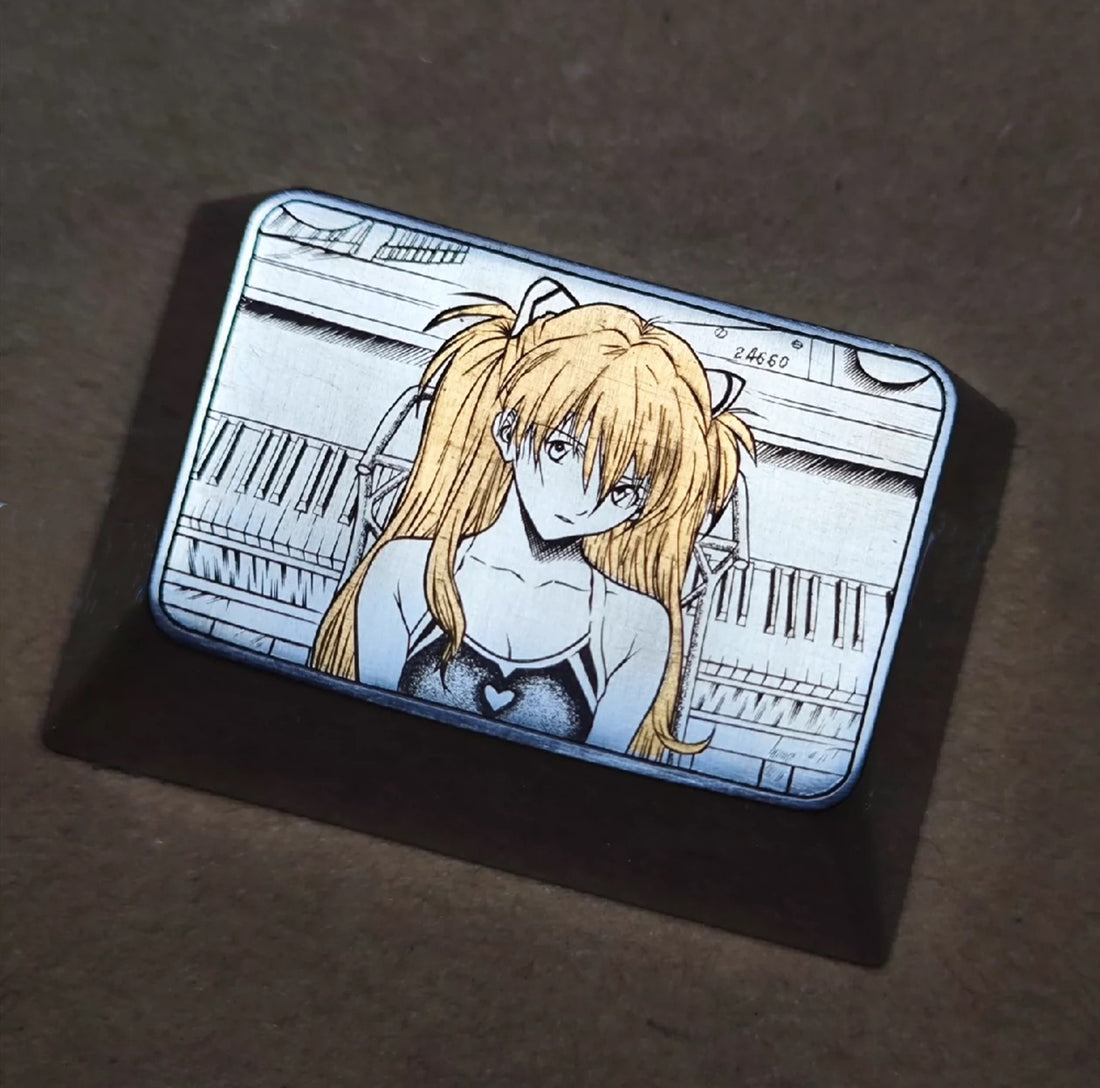 Asuka Langley Soryu， Hand carved titanium alloy with gold inlay. 1.5U, tab key. Mechanical keyboard keycaps.