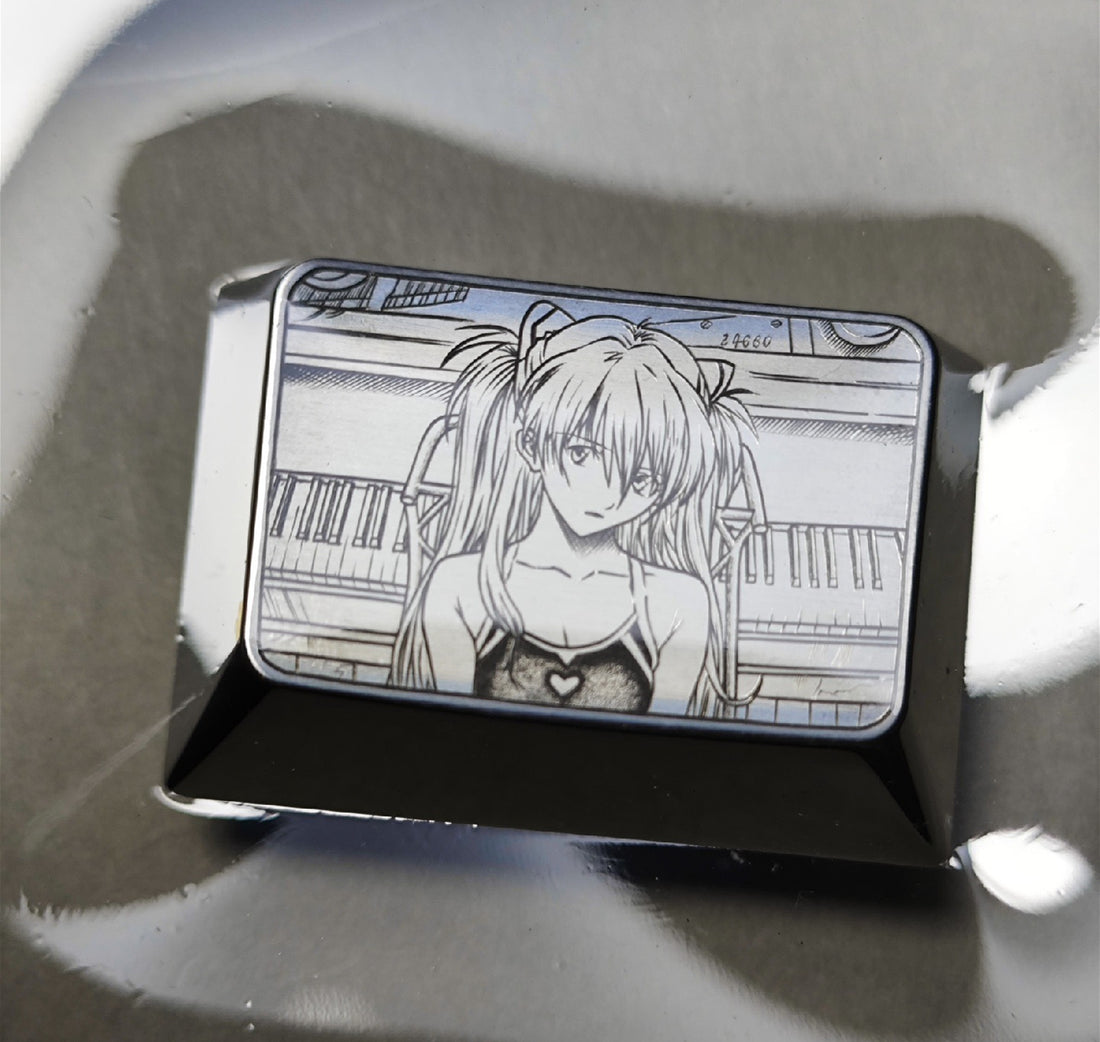 Asuka Langley Soryu， Hand carved titanium alloy with gold inlay. 1.5U, tab key. Mechanical keyboard keycaps.