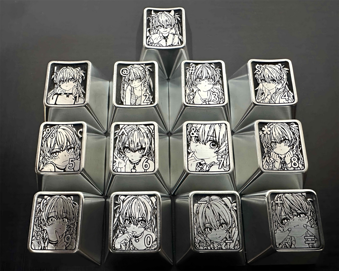Asuka, standard numeric area with 13 keys and symbols, zinc alloy personalized keycap set, metal decorative keycaps.