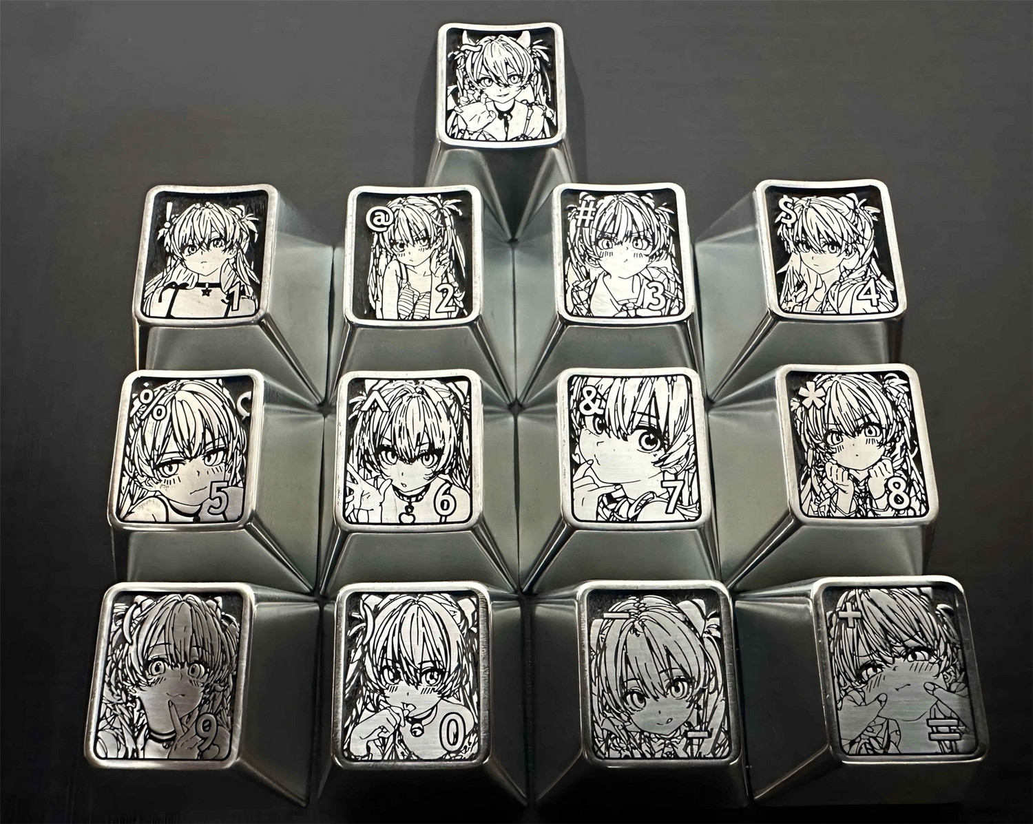 Asuka, standard numeric area with 13 keys and symbols, zinc alloy personalized keycap set, metal decorative keycaps.