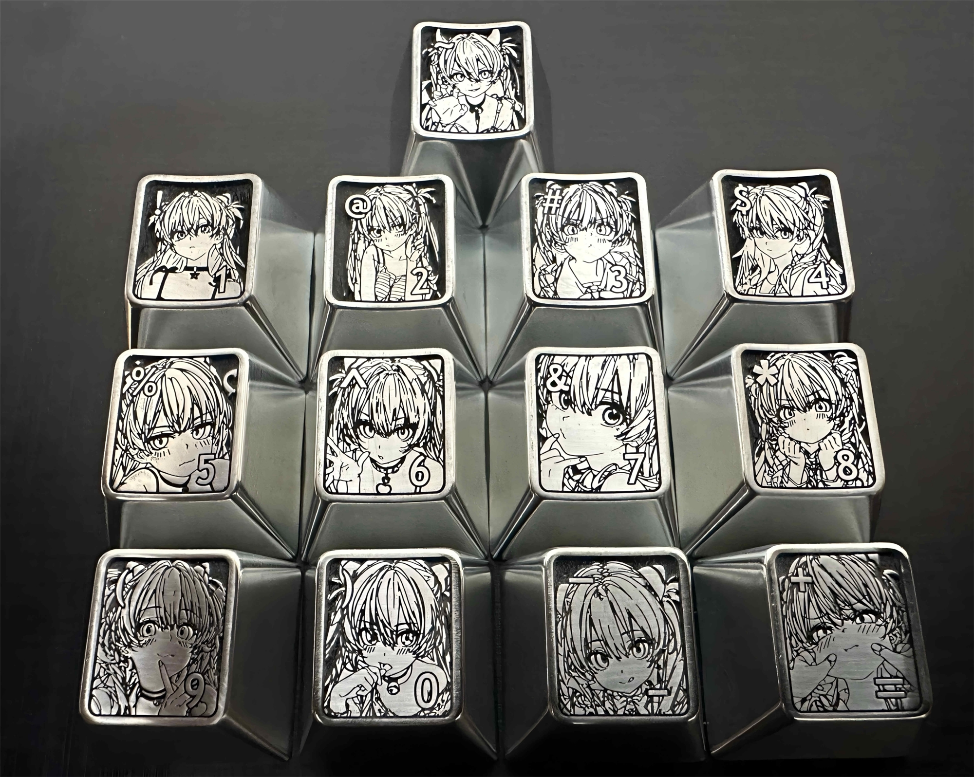 Asuka, standard numeric area with 13 keys and symbols, zinc alloy personalized keycap set, metal decorative keycaps.