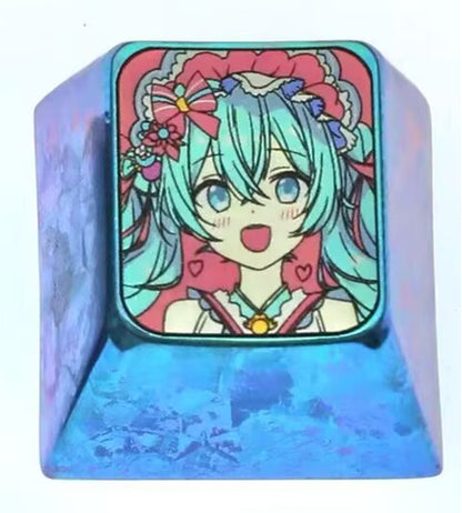 Cute Hatsune Miku, 1U titanium alloy metal personalized keycap, decorative keycap, cartoon character keycap
