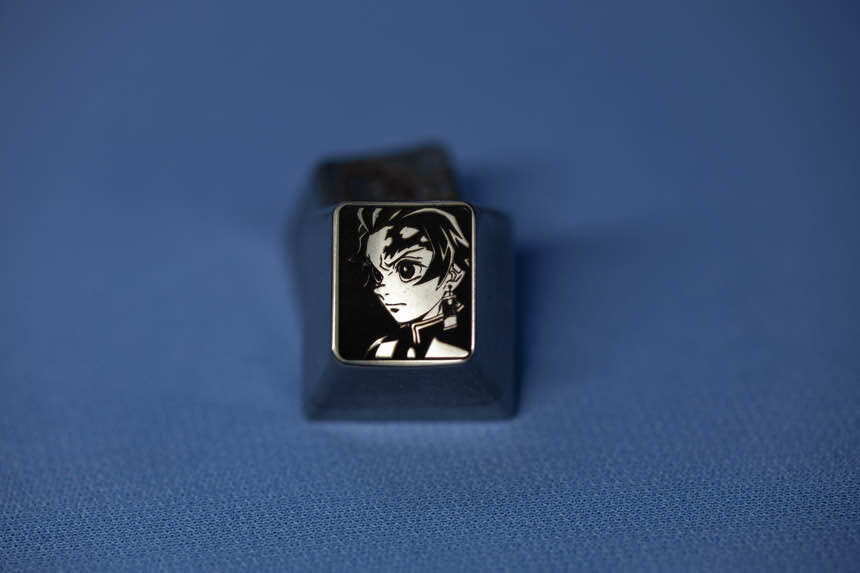 Demon Slayer, Kamado Tanjirou metal titanium alloy black and white carved personalized keycaps, keyboard decorative keycaps, anime character keycaps