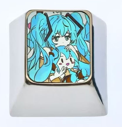 Cute Hatsune Miku, 1U titanium alloy metal personalized keycap, decorative keycap, cartoon character keycap
