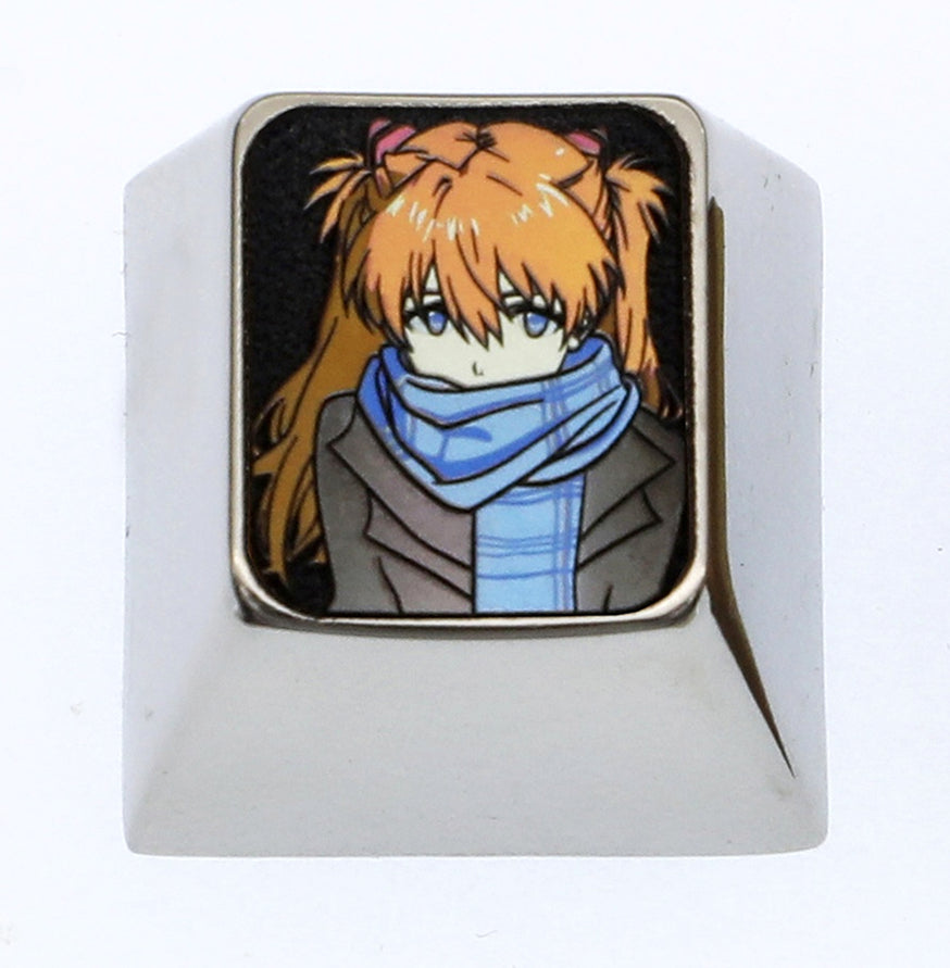EVA， Asuka wearing a scarf, 1U titanium alloy personalized keycap, metal decorative anime keycap