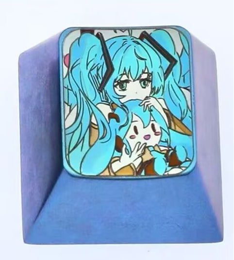 Cute Hatsune Miku, 1U titanium alloy metal personalized keycap, decorative keycap, cartoon character keycap