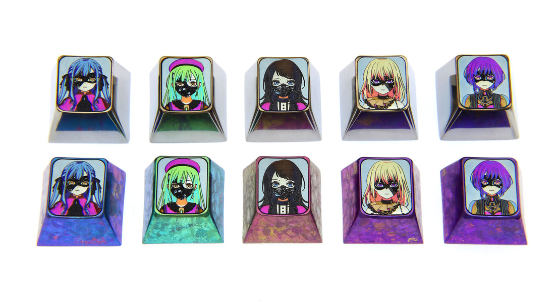 Mujica， A set of 5 titanium alloy personalized keycaps, 1U metal decorative keycaps, keycaps for anime, games, music, and characters