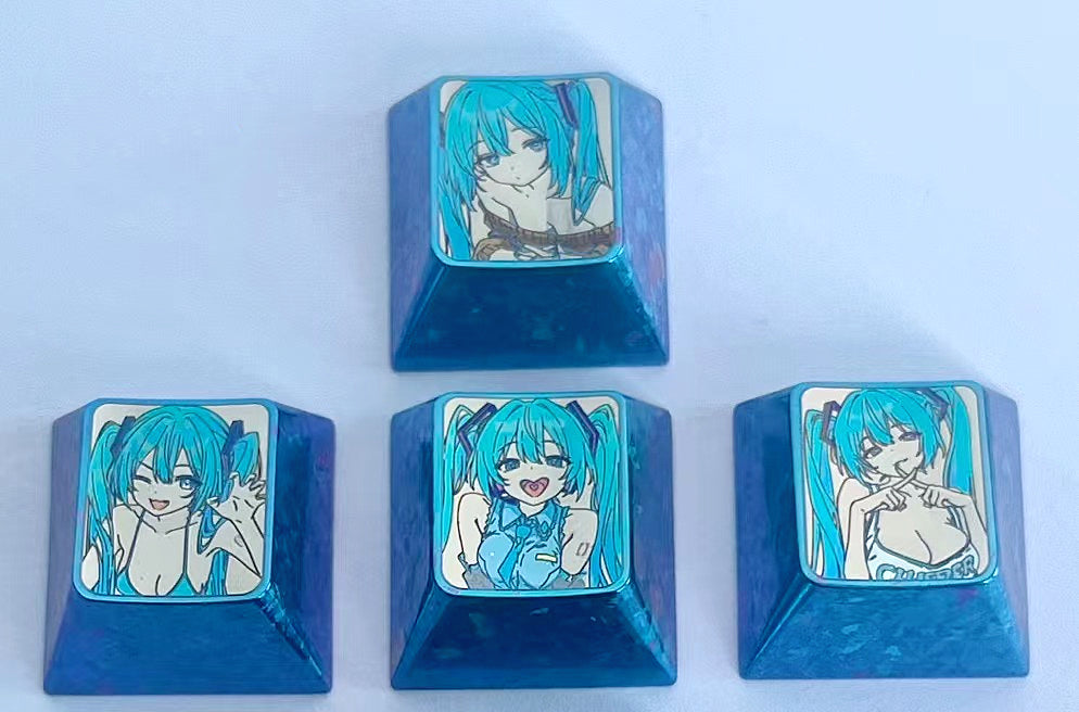 Hatsune Miku titanium alloy directional key set personalized key cap, animation metal key cap, keyboard decorative key cap.