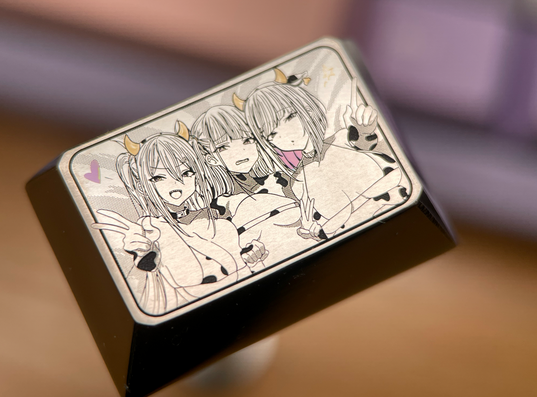 Original characters, three sisters 1.5U (TAB) titanium alloy metal personalized keycaps, keyboard decorative keycaps.