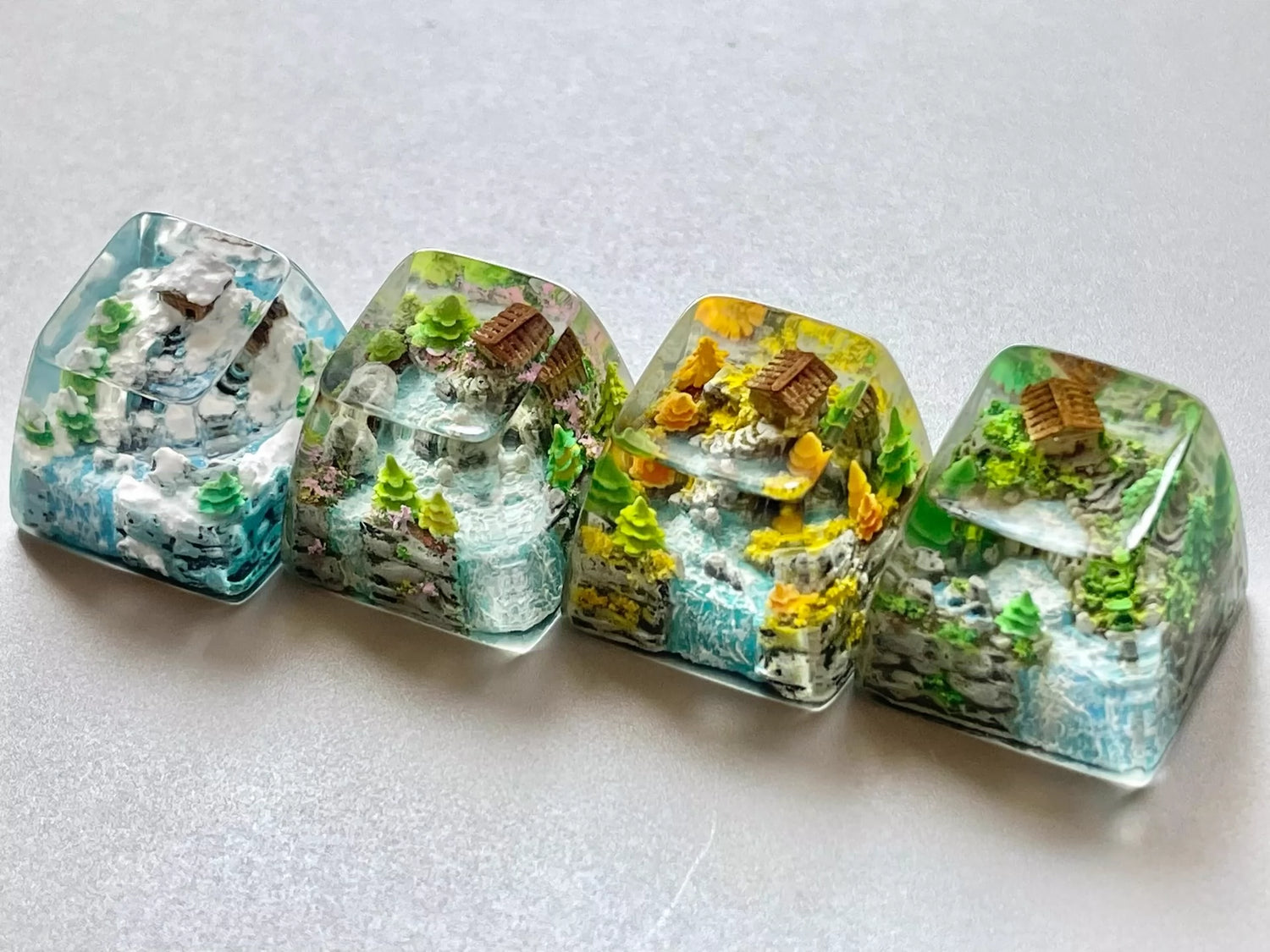 Chinese landscape painting style resin keycaps, seasonal keycaps for spring, summer, autumn, winter, and winter, personalized keycaps for keyboards