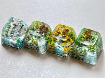 Chinese landscape painting style resin keycaps, seasonal keycaps for spring, summer, autumn, winter, and winter, personalized keycaps for keyboards