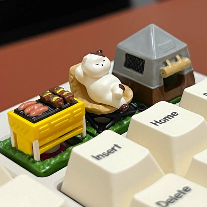 Camping cat painted personalized keycaps, universal mechanical keyboard, outdoor camping themed decorative keycaps