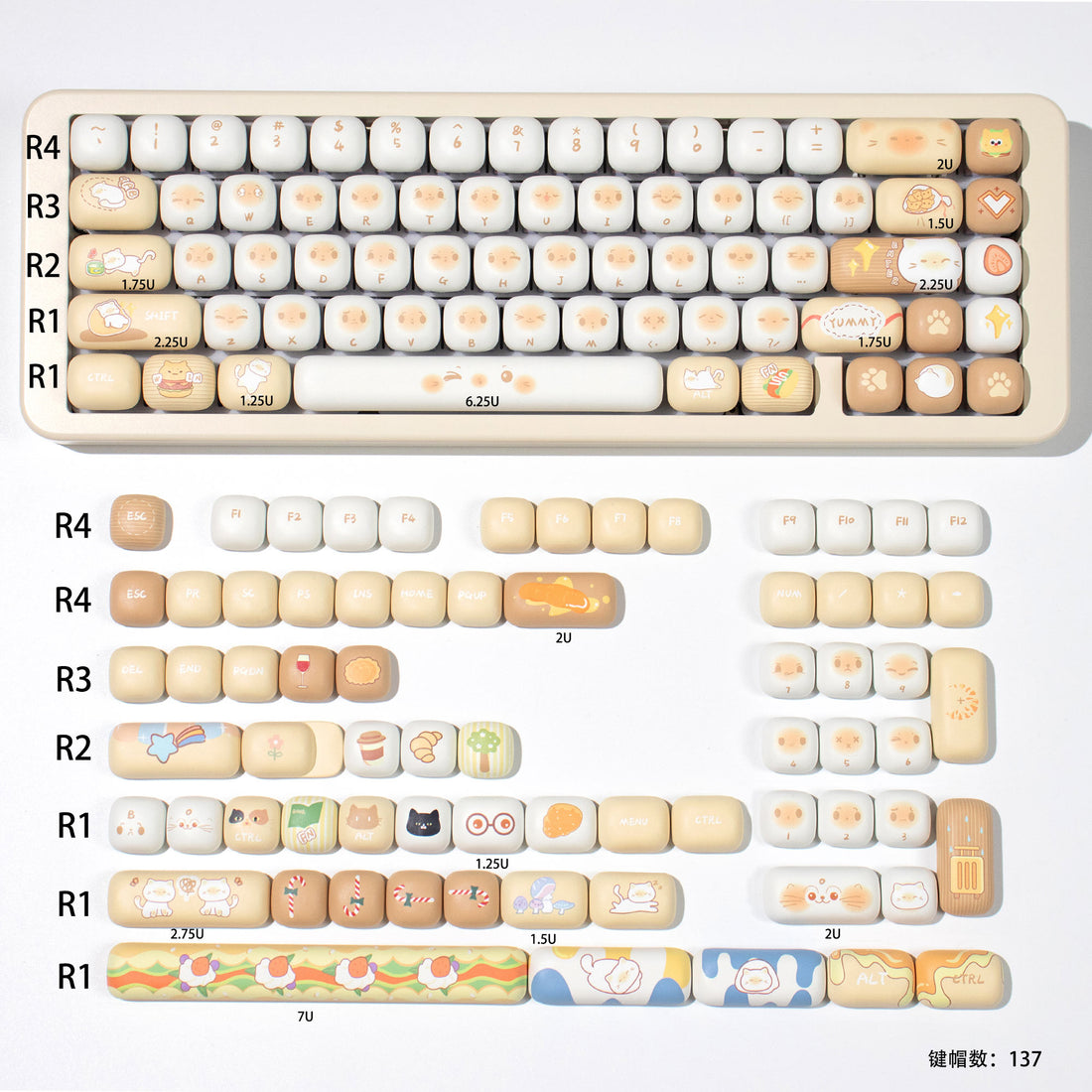 Bag Cat Mechanical Keyboard Keycaps MOG Round PBT Heat Sublimation Set Keycaps