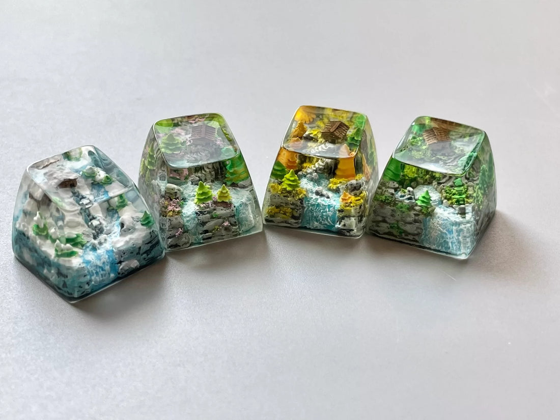 Chinese landscape painting style resin keycaps, seasonal keycaps for spring, summer, autumn, winter, and winter, personalized keycaps for keyboards