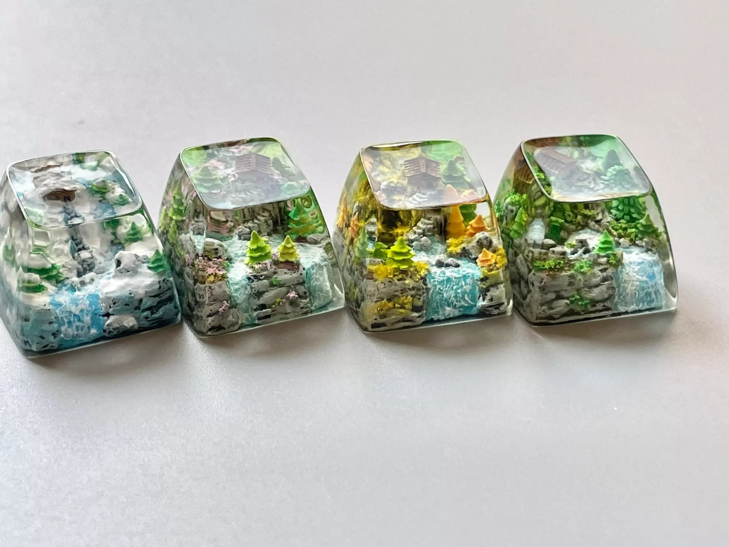 Chinese landscape painting style resin keycaps, seasonal keycaps for spring, summer, autumn, winter, and winter, personalized keycaps for keyboards