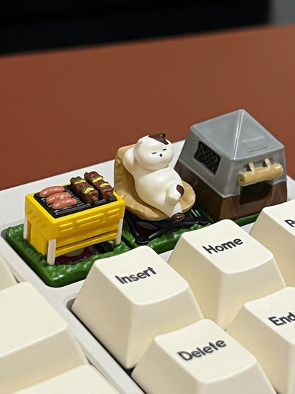 Camping cat painted personalized keycaps, universal mechanical keyboard, outdoor camping themed decorative keycaps