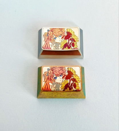 Asuka holding flowers, titanium alloy 1.5U (TAB) metal personalized keycaps, keyboard animation decorative keycaps