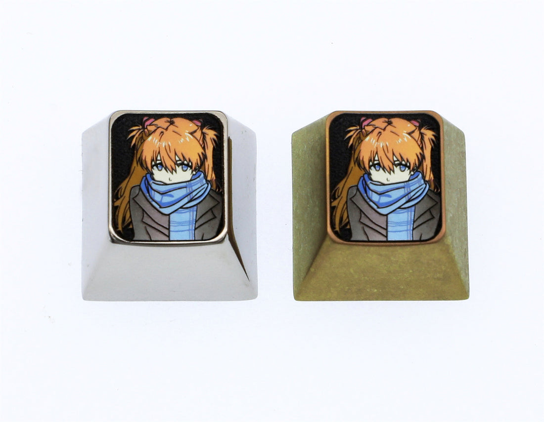 EVA， Asuka wearing a scarf, 1U titanium alloy personalized keycap, metal decorative anime keycap