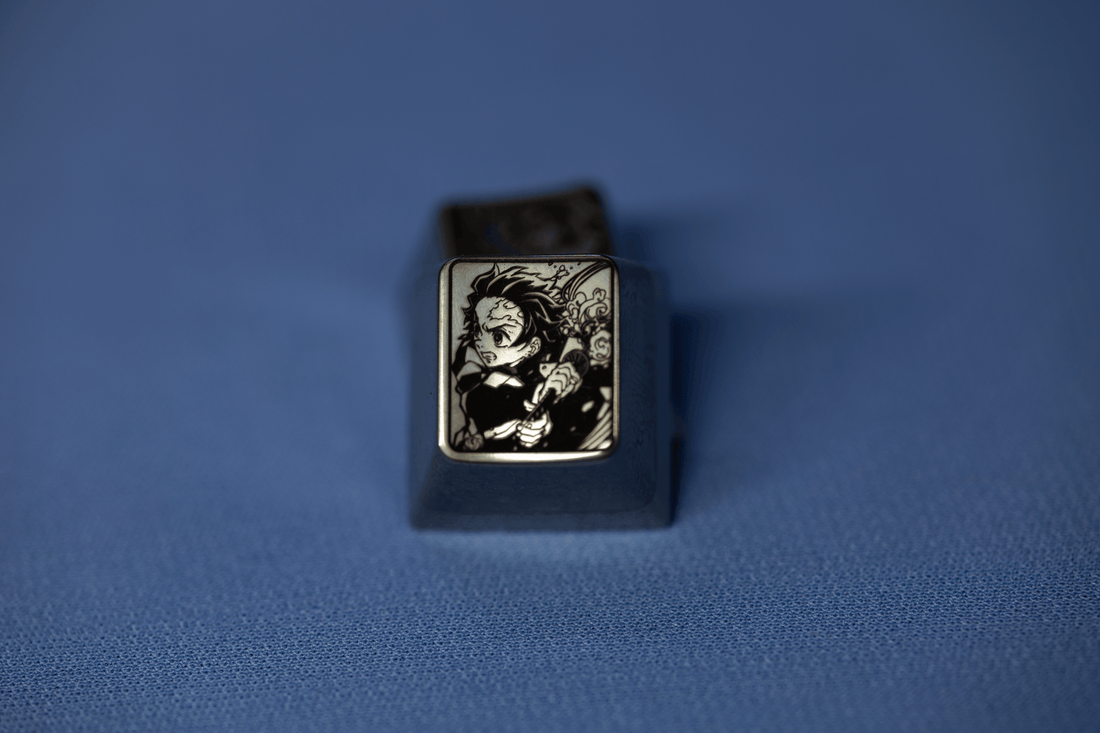 Demon Slayer, Kamado Tanjirou metal titanium alloy black and white carved personalized keycaps, keyboard decorative keycaps, anime character keycaps